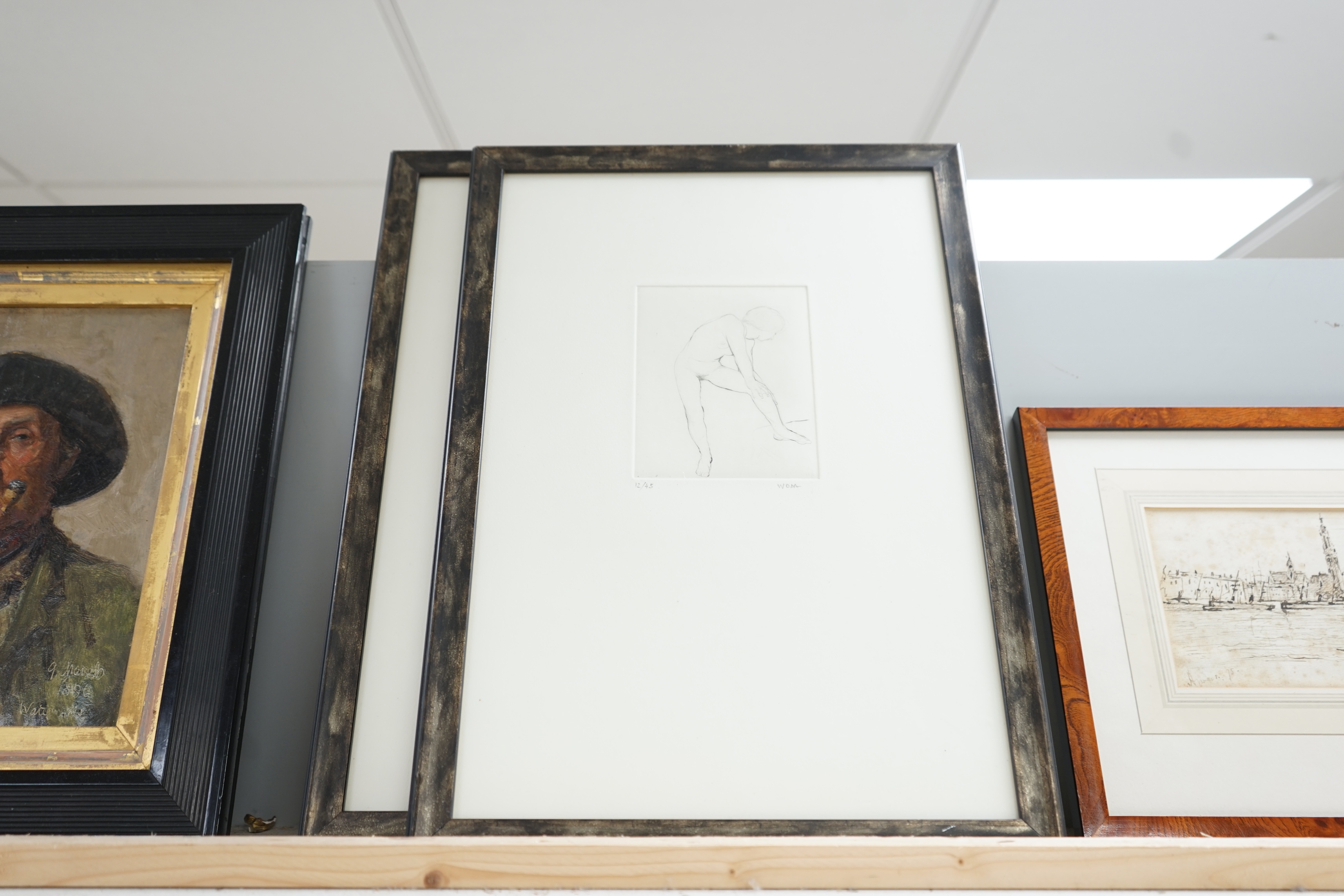 Albert Woda (French, b.1955), two etchings, Nude females, each limited edition of 45, signed in pencil, 38 x 26cm. Condition - good